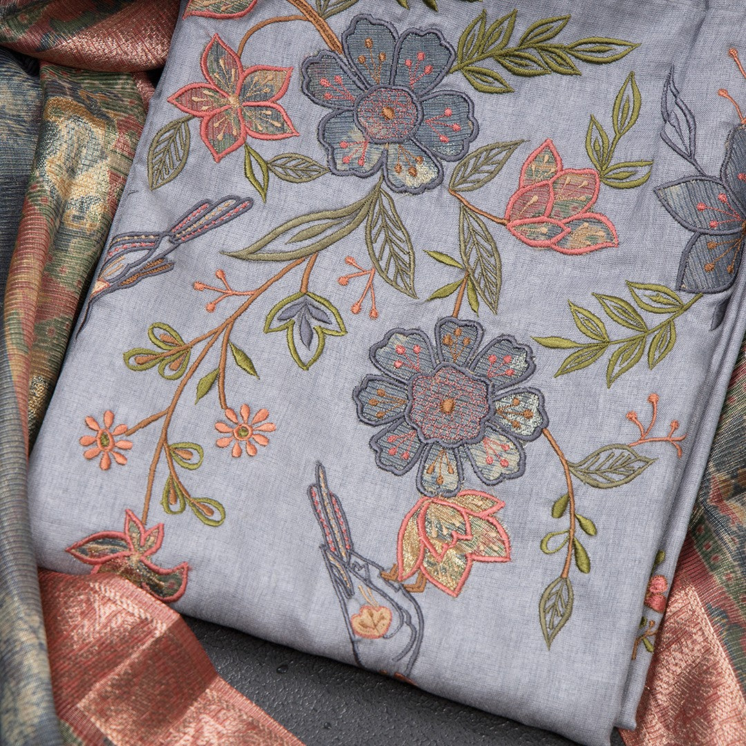 Mul Chanderi Grey Unstitched Salwar Material With Dupatta