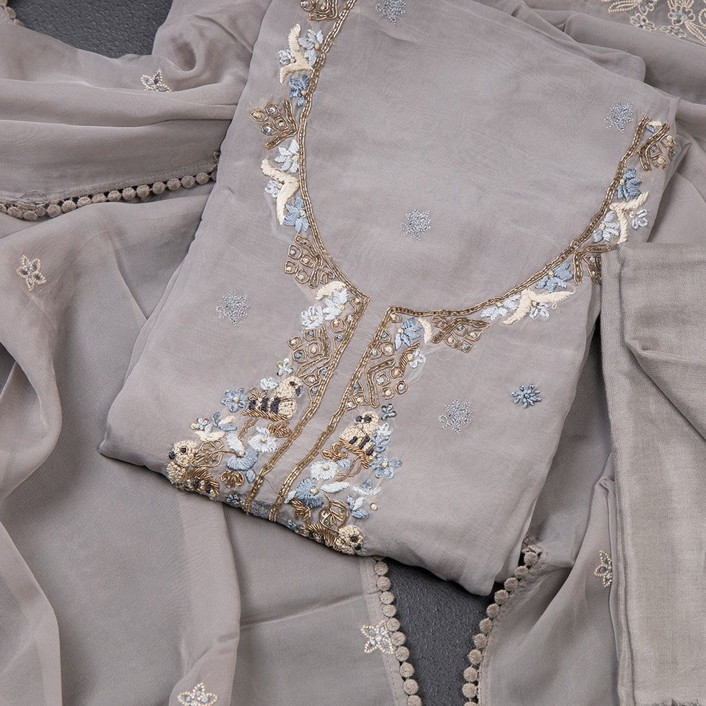 Mul Chanderi Grey Unstitched Salwar Material With Dupatta 02