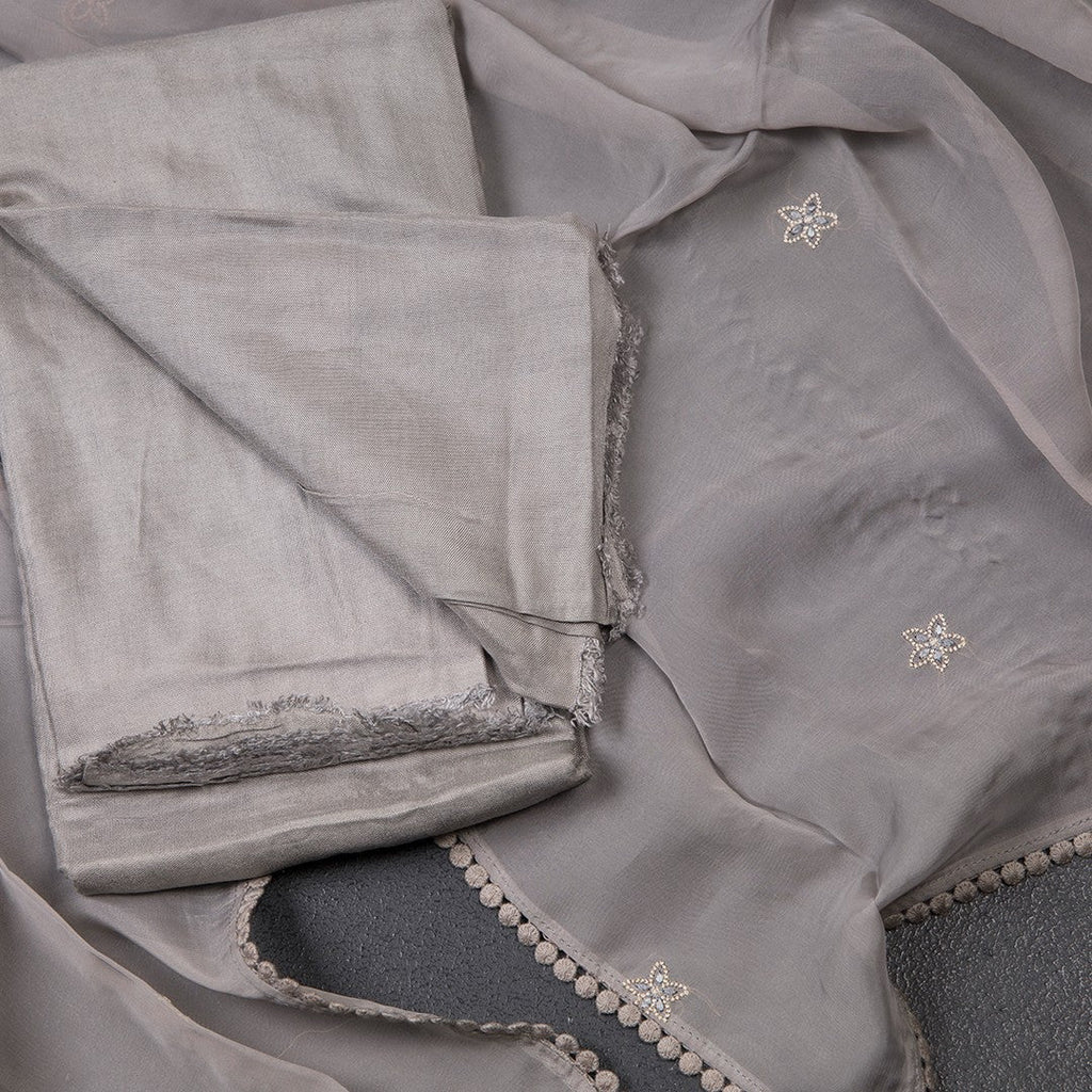 Mul Chanderi Grey Unstitched Salwar Material With Dupatta 02