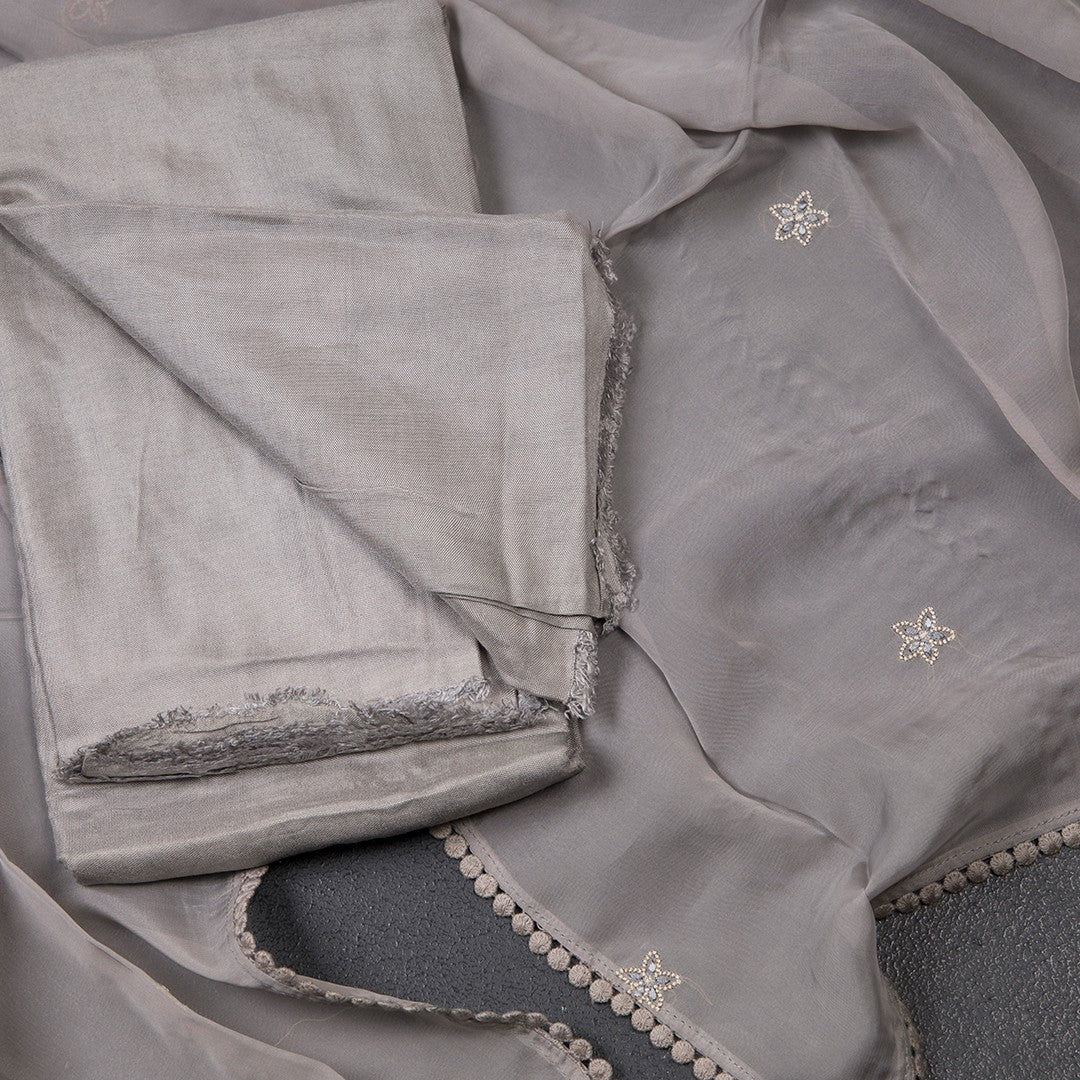 Mul Chanderi Grey Unstitched Salwar Material With Dupatta 02