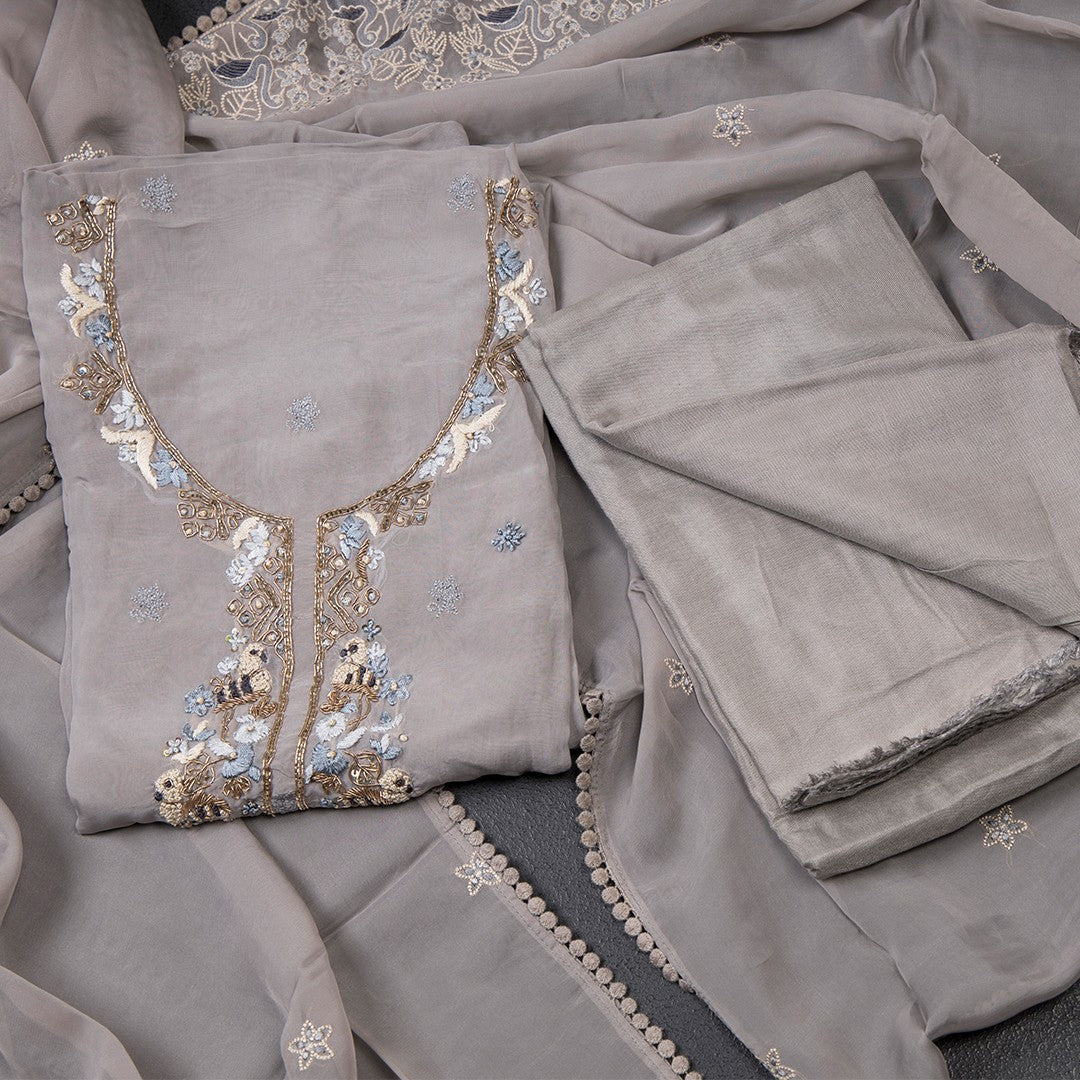 Mul Chanderi Grey Unstitched Salwar Material With Dupatta 02
