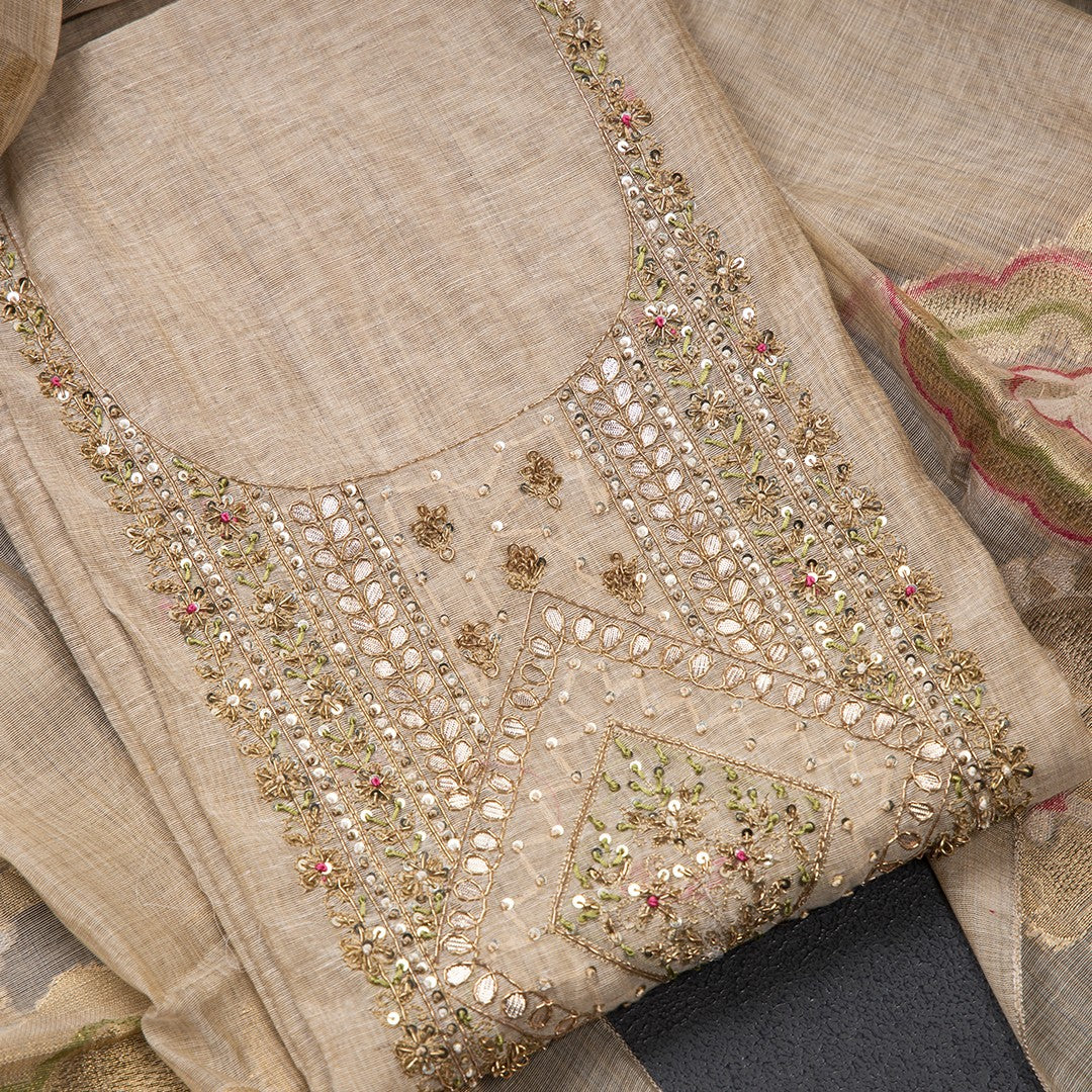 Mul Chanderi Cream Unstitched Salwar Material With Dupatta 02