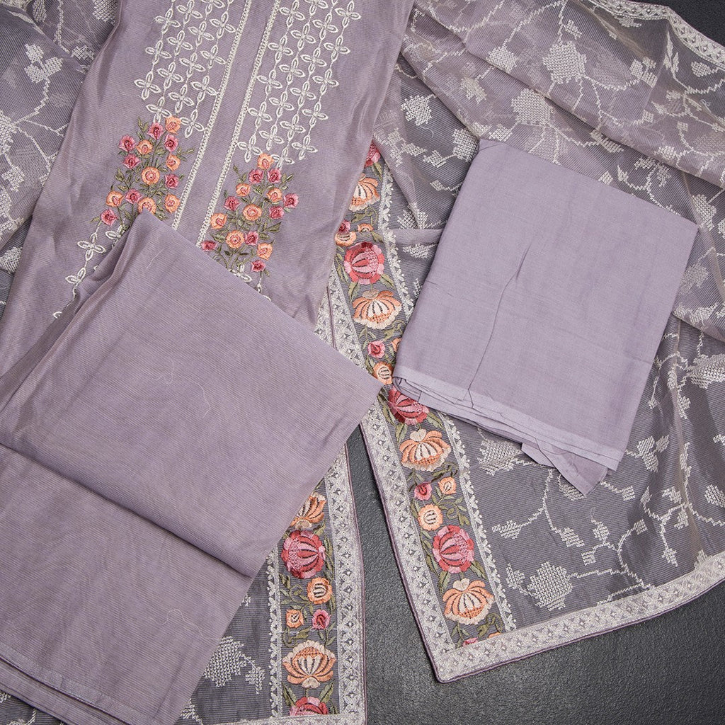 Mul Chanderi Lavender Unstitched Salwar Material With Dupatta