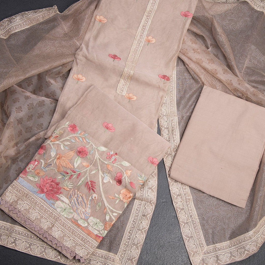 Mul Chanderi Light Brown Unstitched Salwar Material With Dupatta
