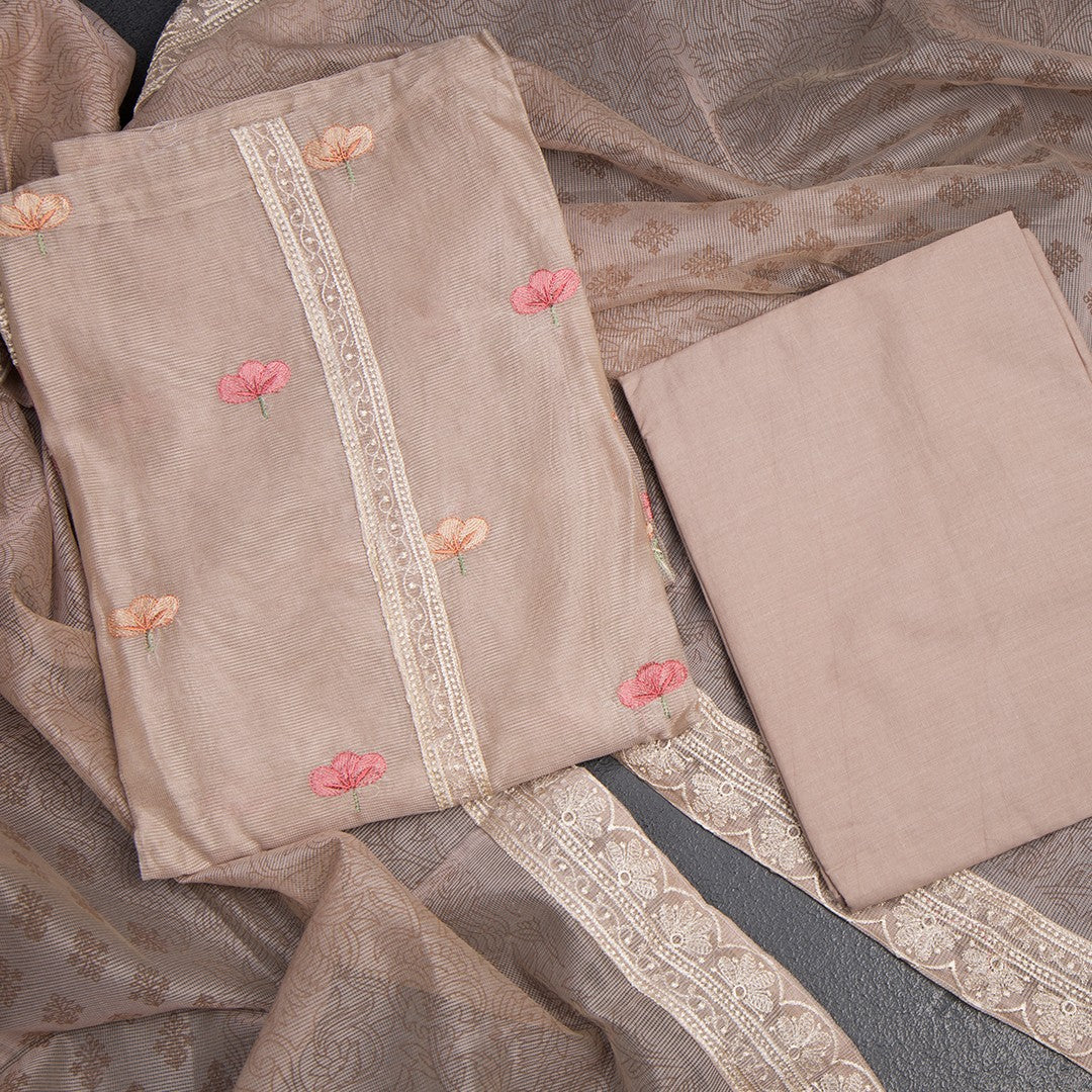 Mul Chanderi Light Brown Unstitched Salwar Material With Dupatta