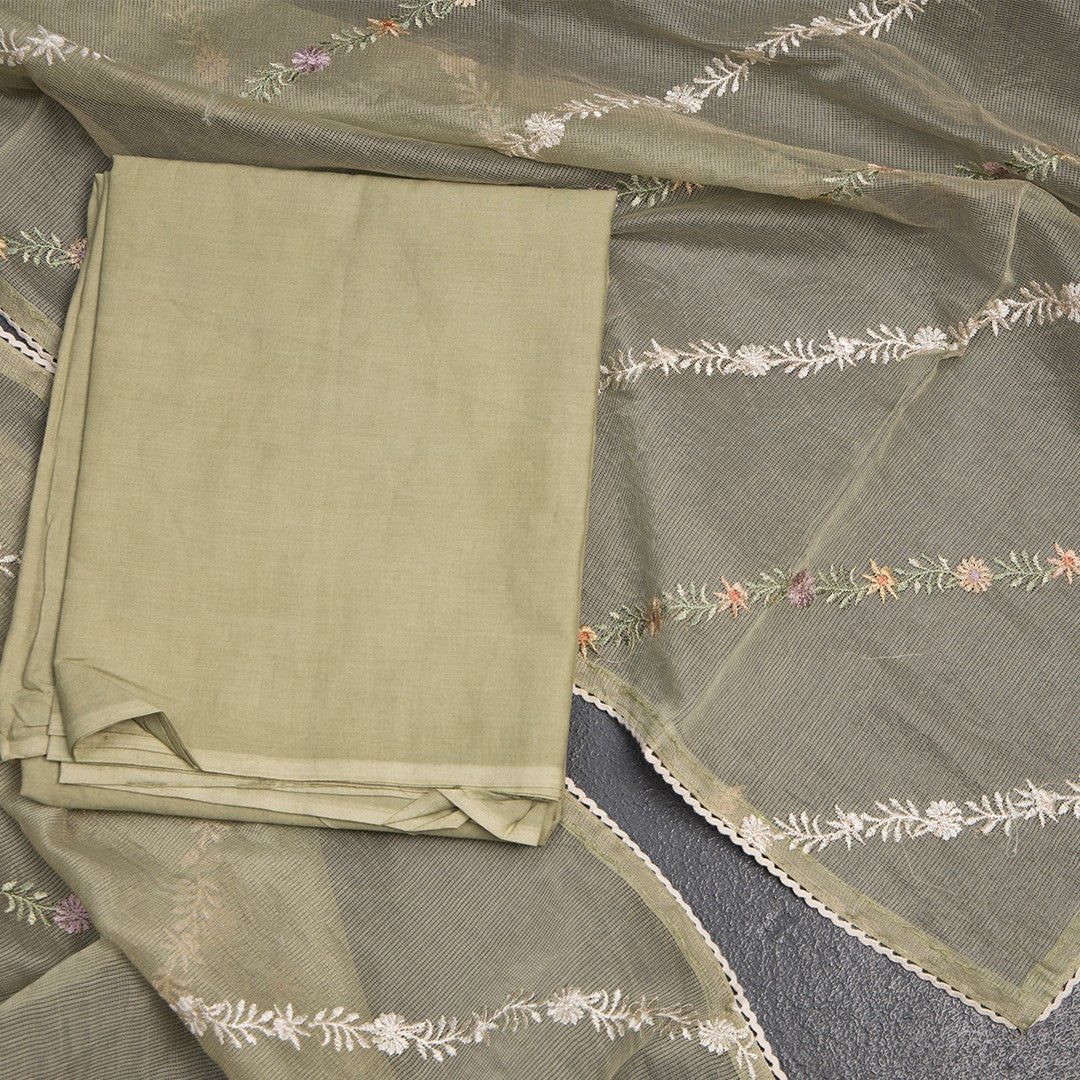 Mul Chanderi Pista Green Unstitched Salwar Material With Dupatta 04