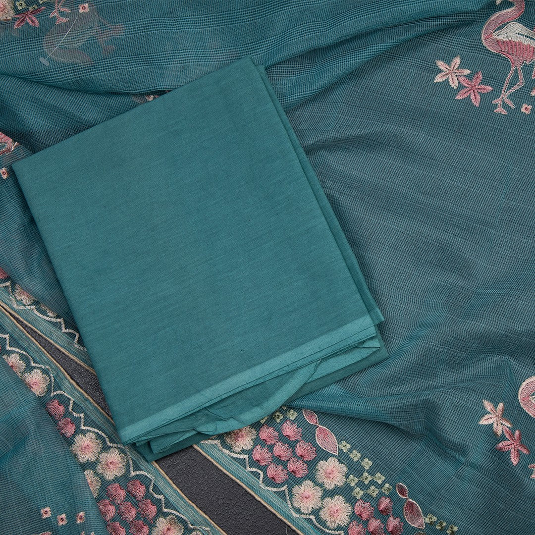 Mul Chanderi Rama Blue Unstitched Salwar Material With Dupatta