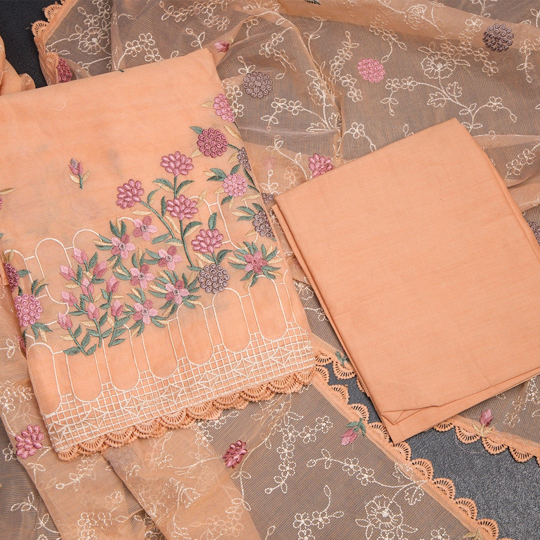 Mul Chanderi Peach Unstitched Salwar Material With Dupatta 02