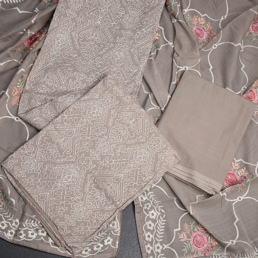 Mul Chanderi Greyish Brown Unstitched Salwar Material With Dupatta 02