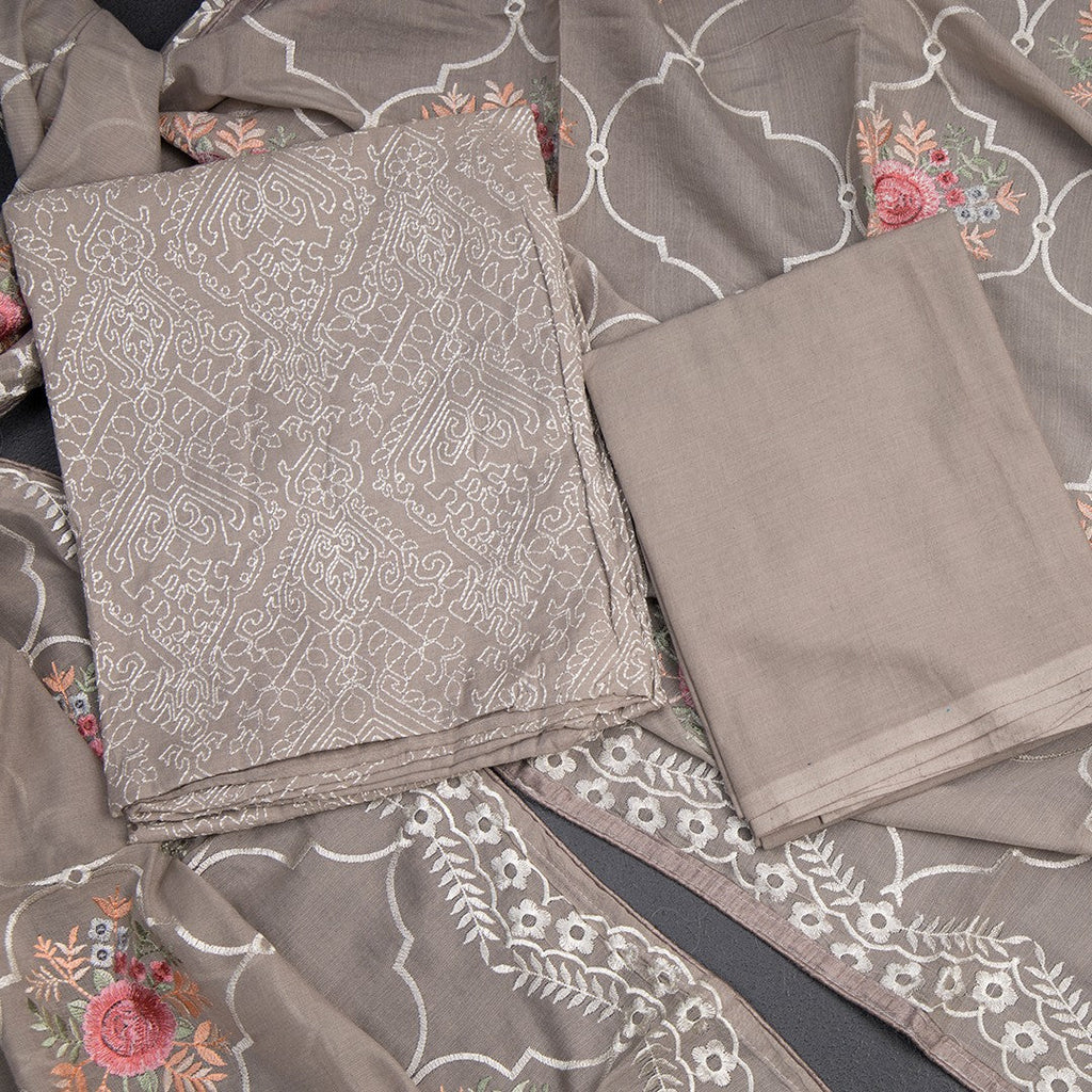 Mul Chanderi Greyish Brown Unstitched Salwar Material With Dupatta 02