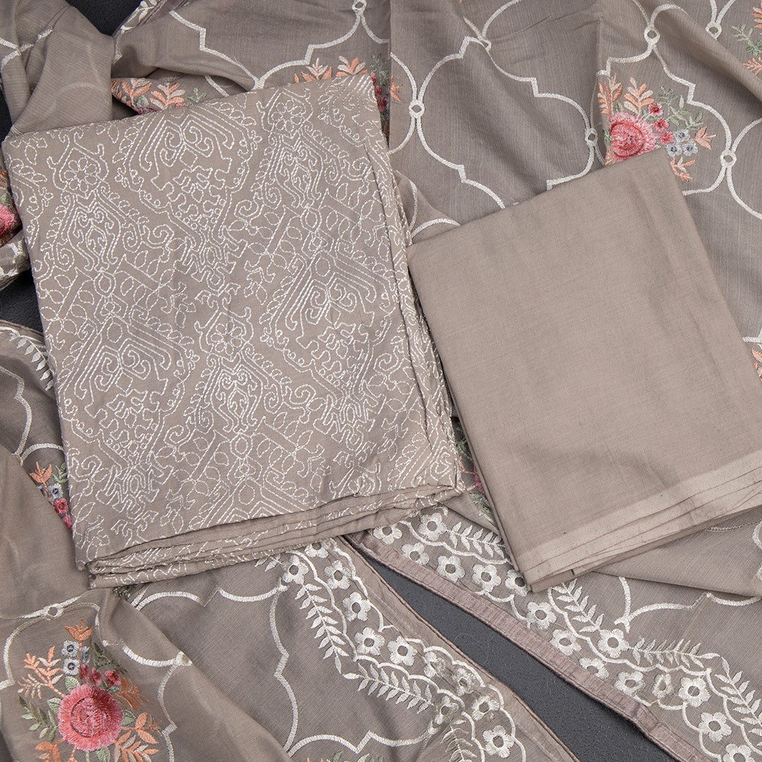 Mul Chanderi Greyish Brown Unstitched Salwar Material With Dupatta 02
