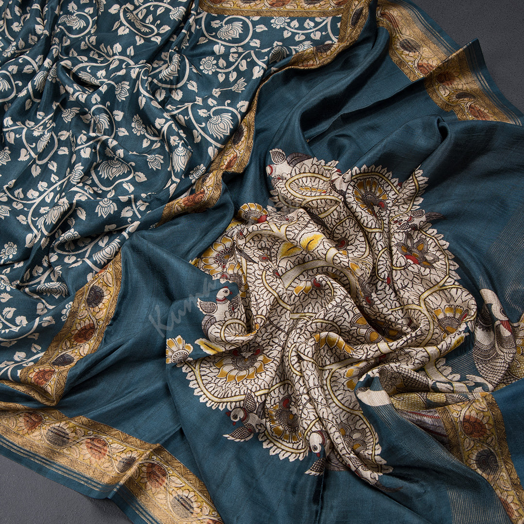 Modal Silk Dark Teal Blue Floral Printed Saree - Kumaran Silks