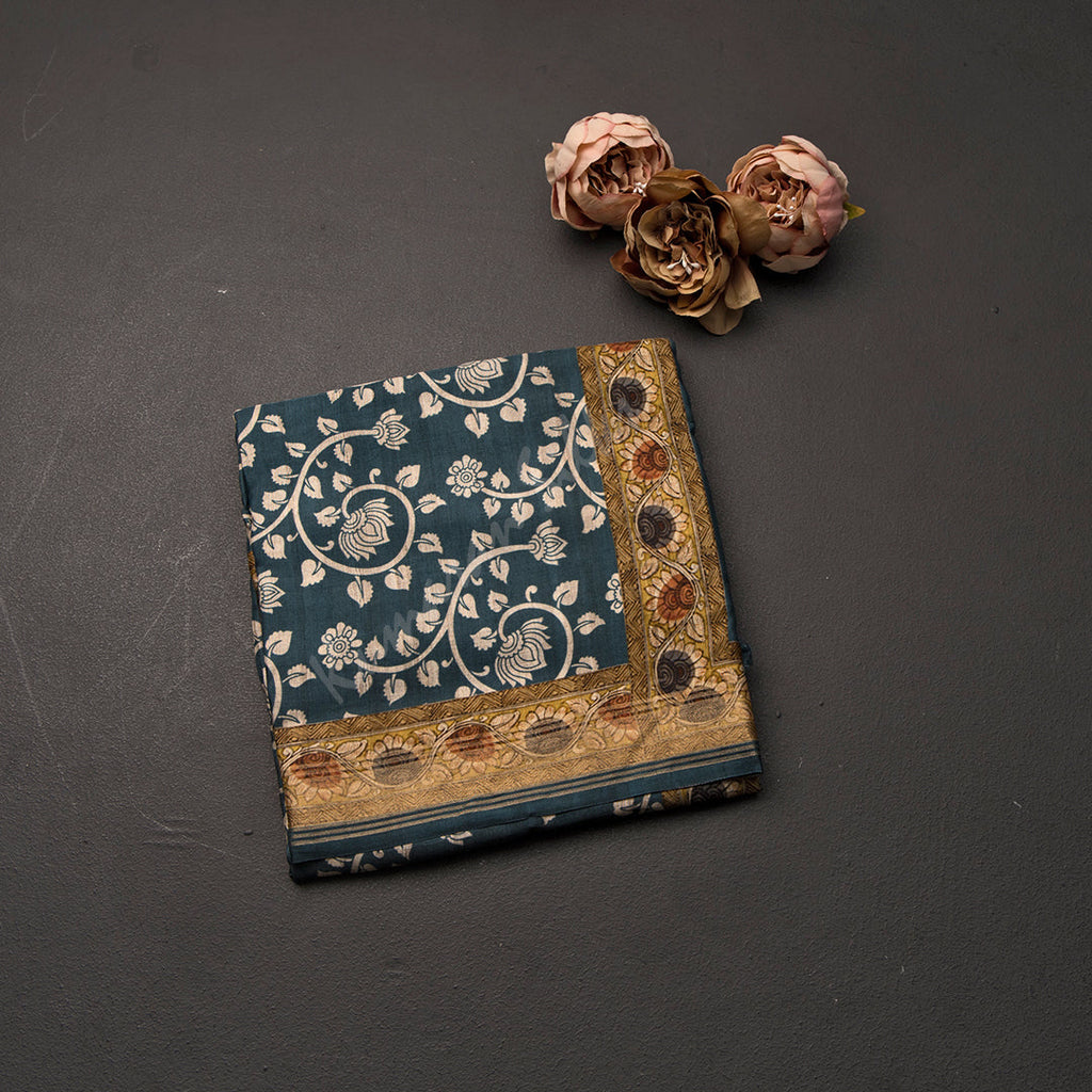 Modal Silk Dark Teal Blue Floral Printed Saree