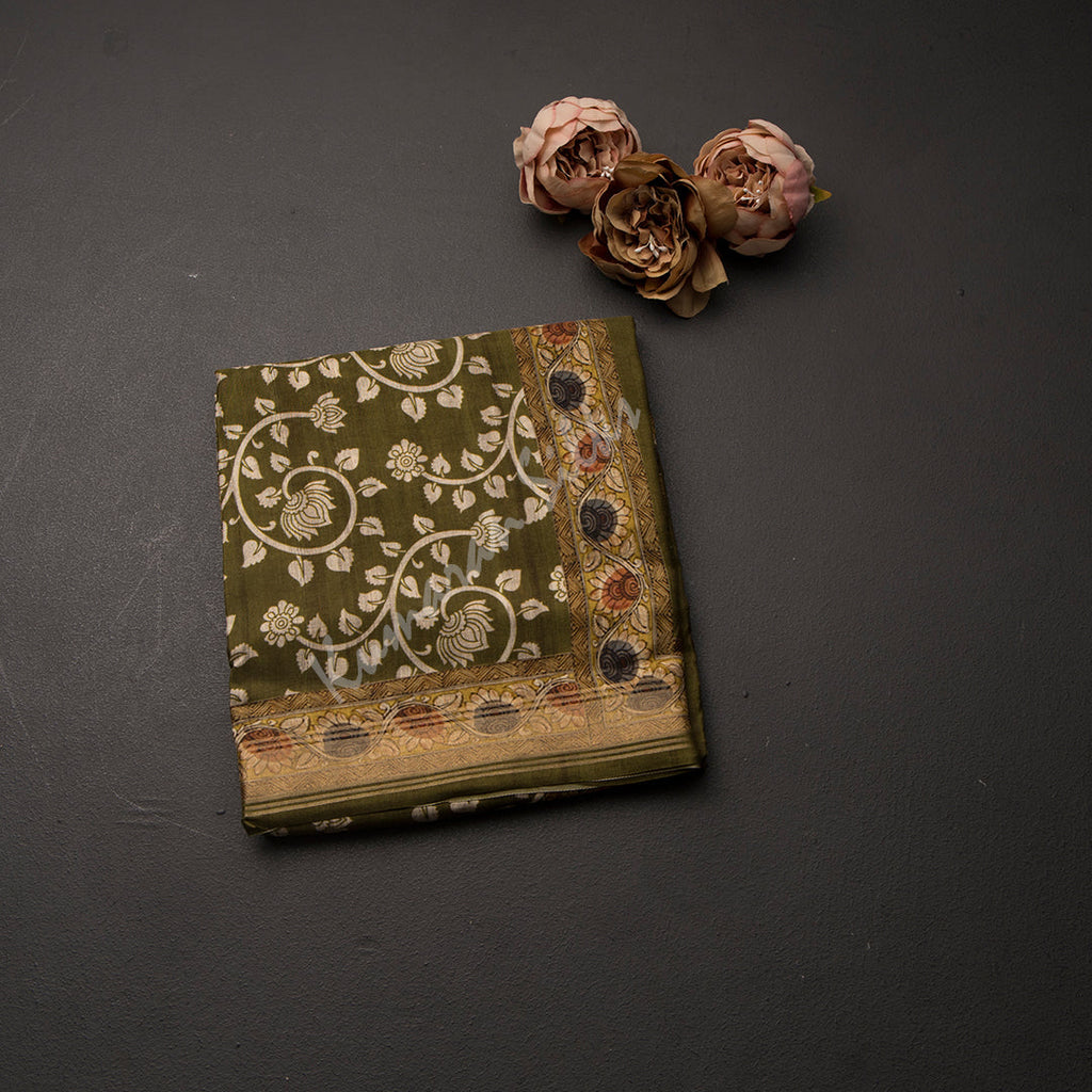 Modal Silk Olive Green Floral Printed Saree 02