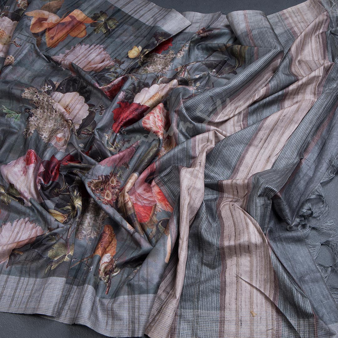 Semi Raw Silk Grey Printed Saree 08