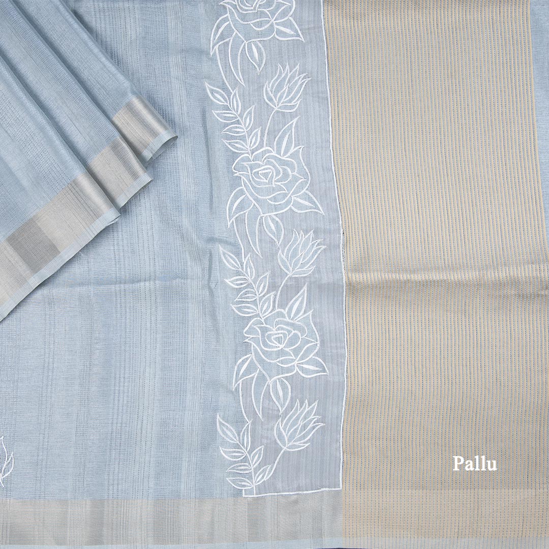 Semi Raw Silk Greyish Blue Thread Embroidered Saree