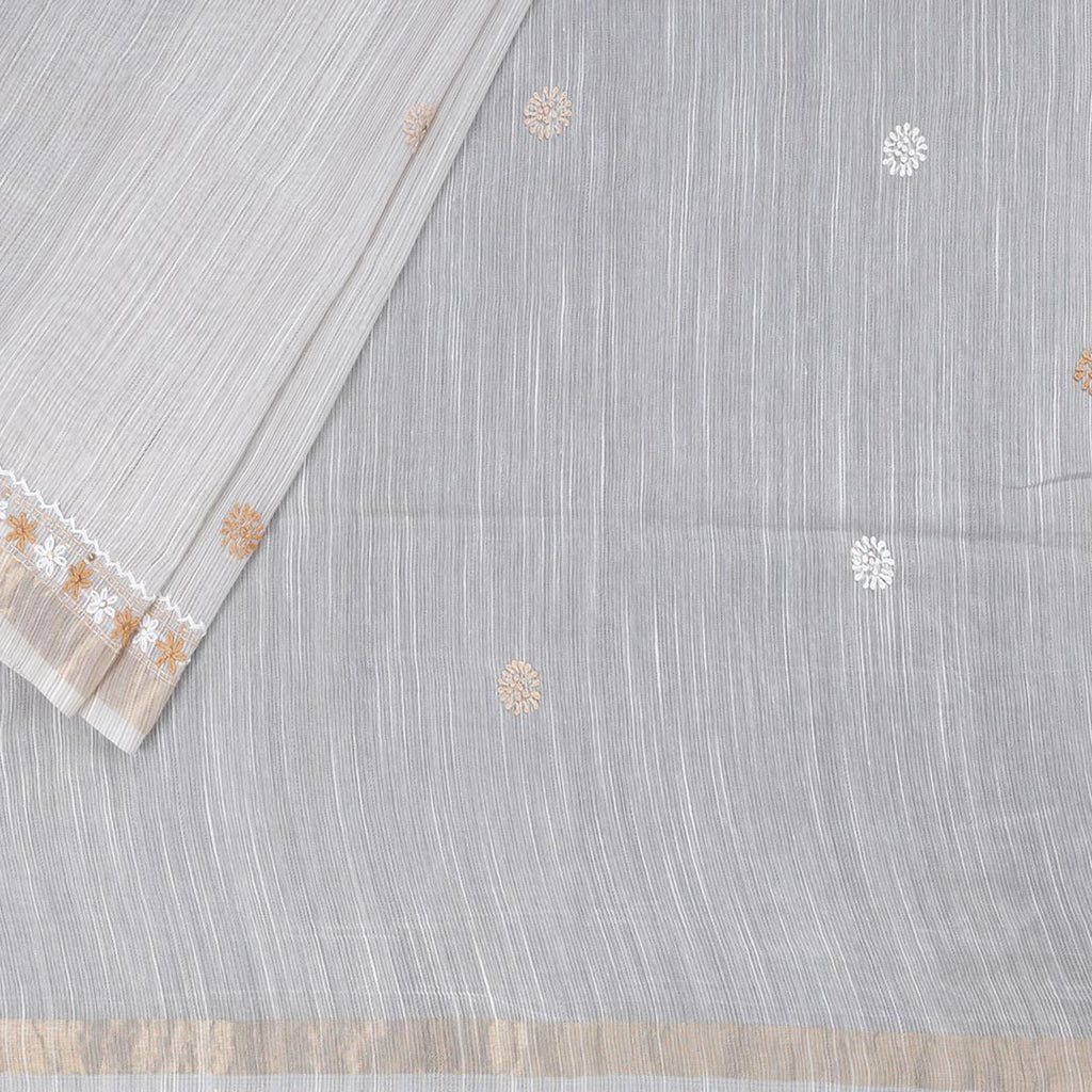 Semi Linen Cream Thread Embroidered Saree