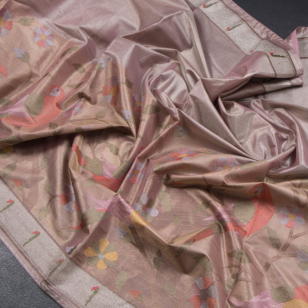 Tissue Rose Gold Thread Embroidered Saree With Tree Design