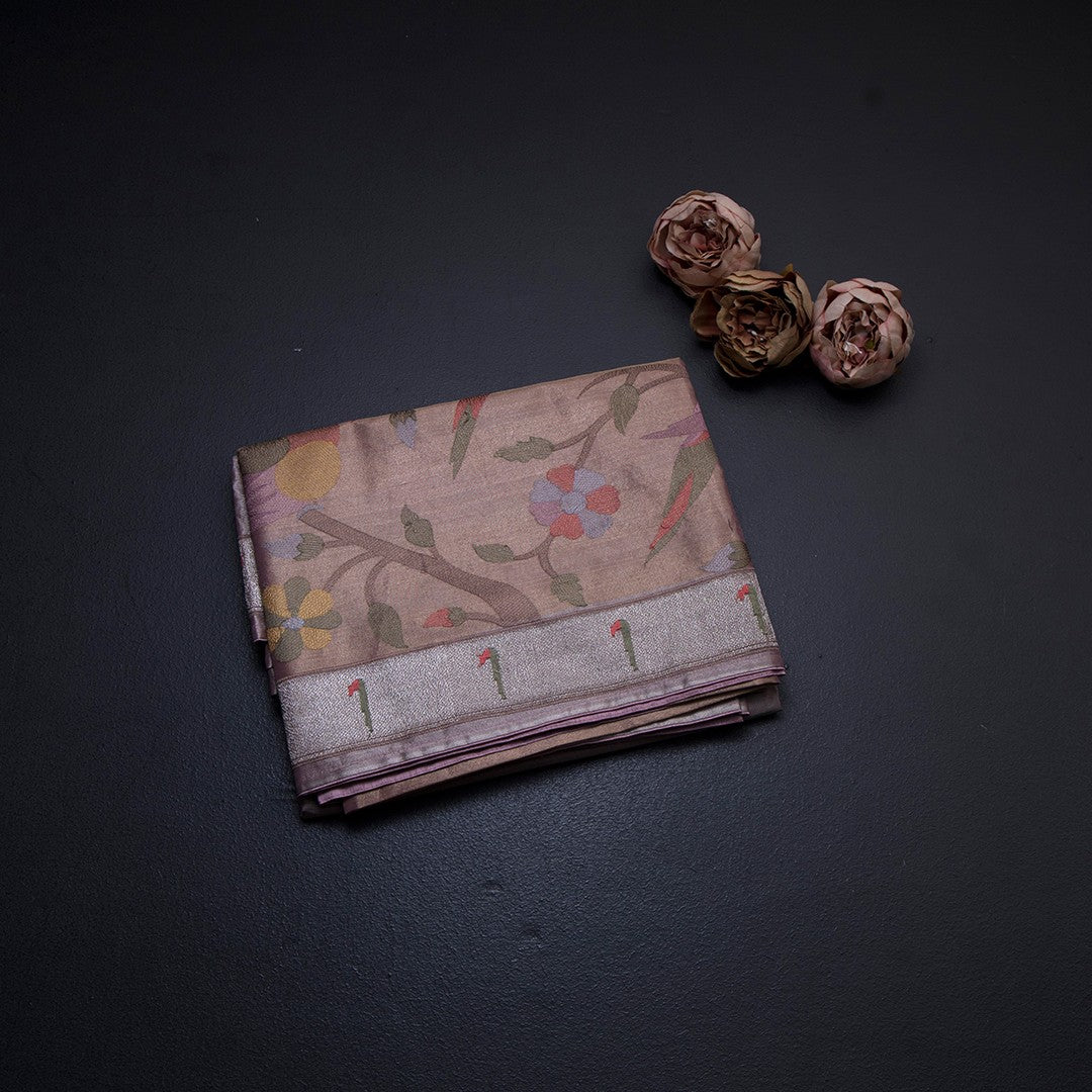 Tissue Rose Gold Thread Embroidered Saree With Tree Design