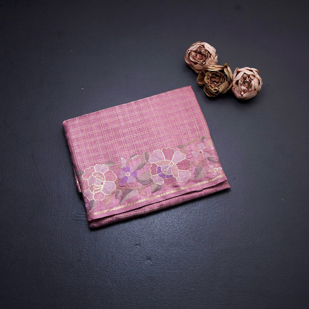 Semi Raw Silk Onion Pink Zari Checked Saree And Embroidered Border - Kumaran Silks