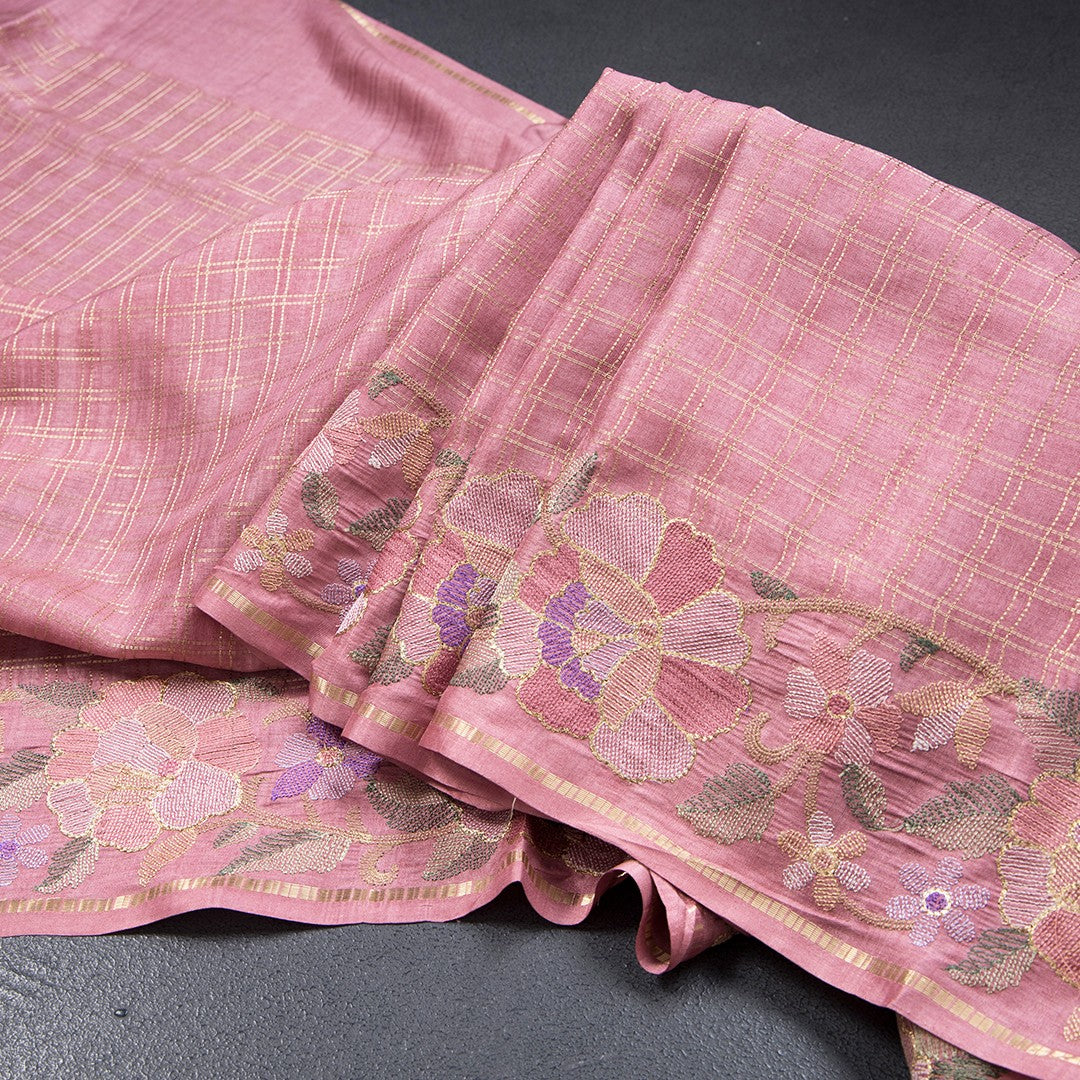 Semi Raw Silk Onion Pink Zari Checked Saree And Embroidered Border - Kumaran Silks