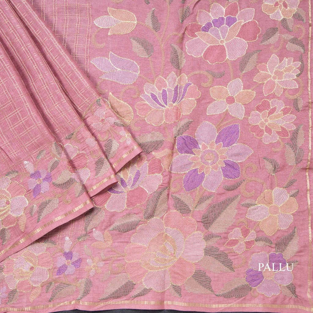 Semi Raw Silk Onion Pink Zari Checked Saree And Embroidered Border - Kumaran Silks
