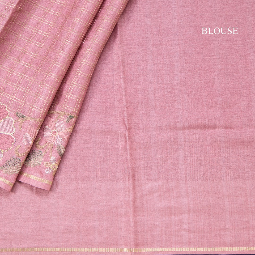 Semi Raw Silk Onion Pink Zari Checked Saree And Embroidered Border - Kumaran Silks