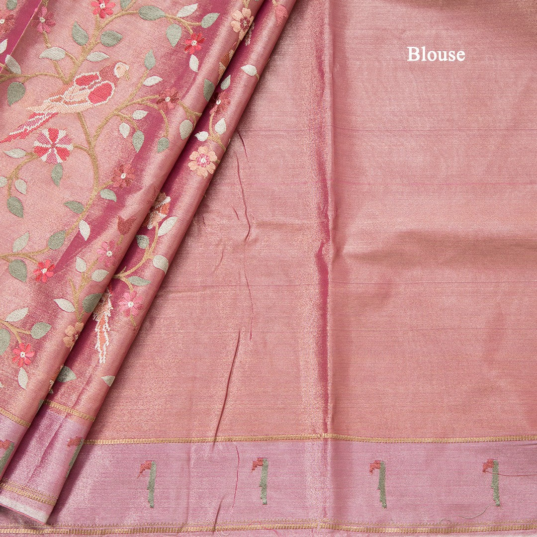Tissue Pink Thread Embroidered Saree With Branches Design