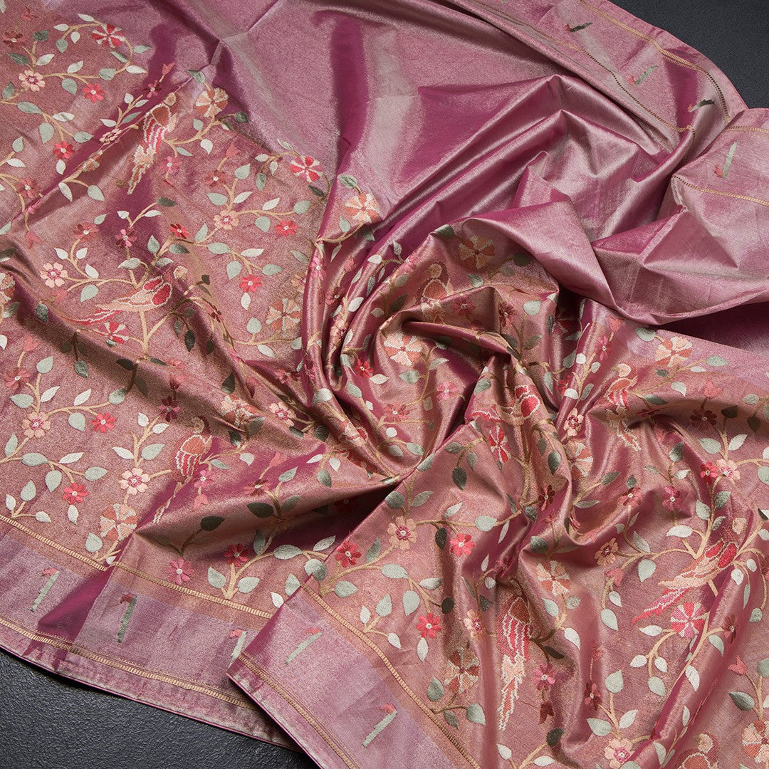 Tissue Pink Thread Embroidered Saree With Parrots On Trees Design - Kumaran Silks