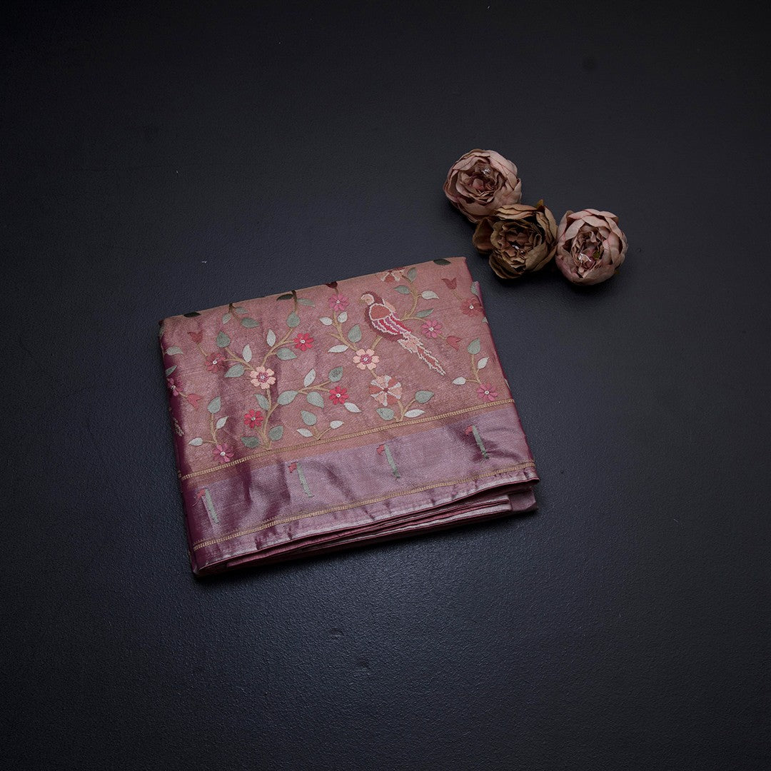 Tissue Pink Thread Embroidered Saree With Branches Design