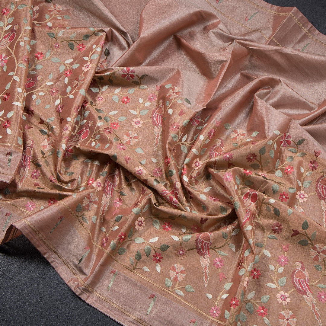 Tissue Peach Thread Embroidered Saree With Branches Design