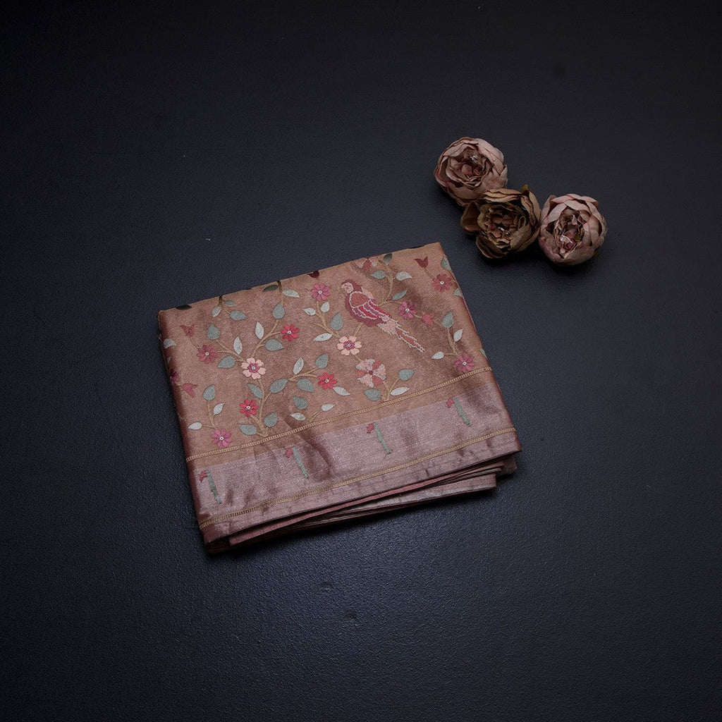 Tissue Peach Thread Embroidered Saree With Branches Design