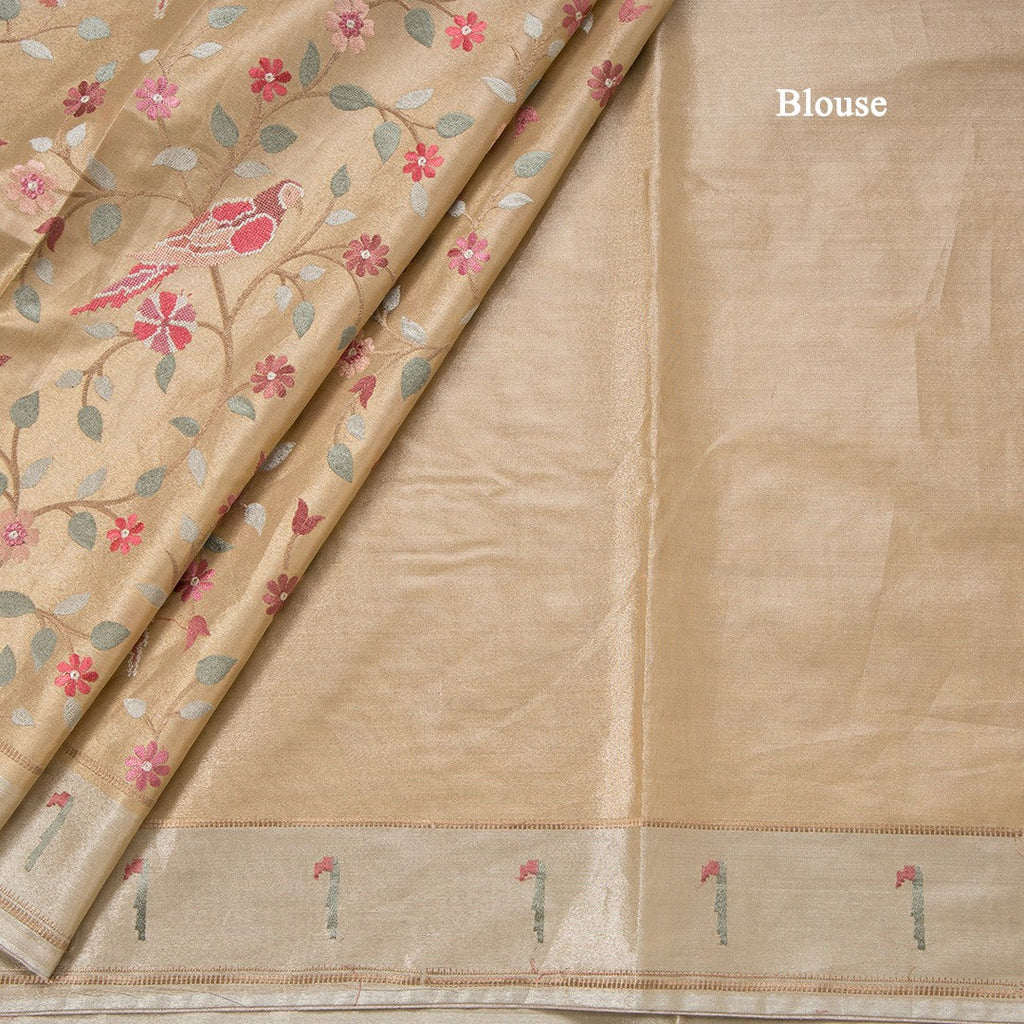 Tissue Sandal Thread Embroidered Saree With Branches Design