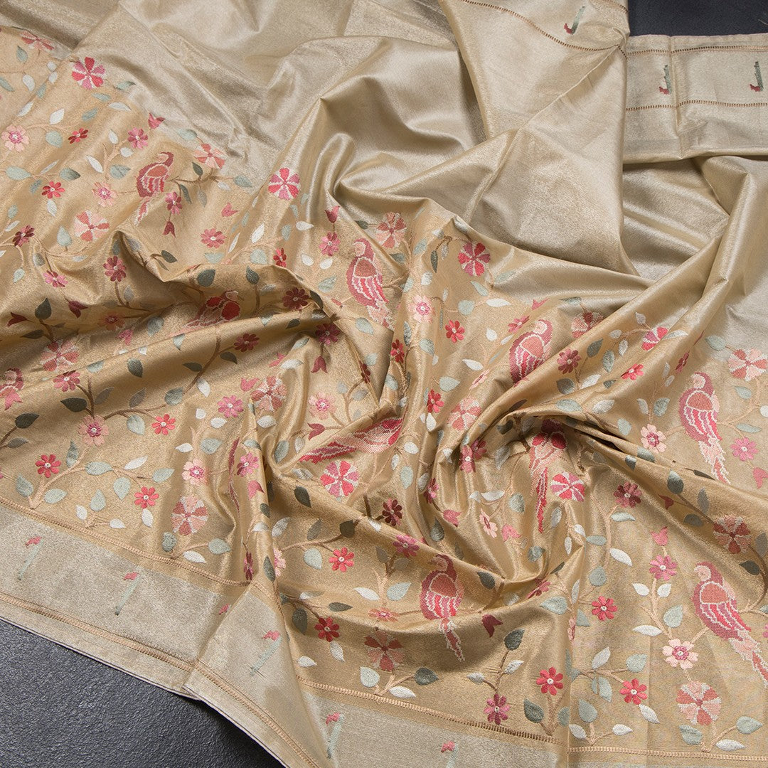 Tissue Sandal Thread Embroidered Saree With Branches Design