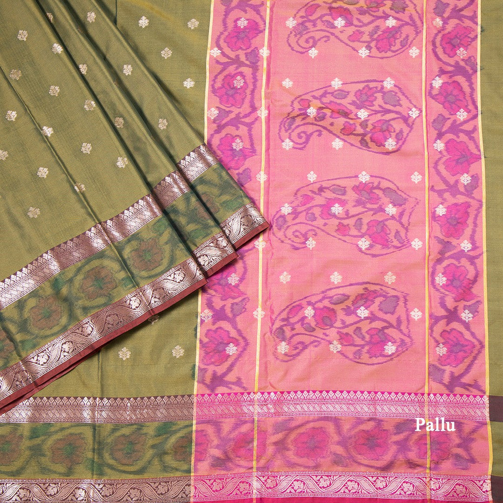 Semi Kataan Olive Green Saree With Zari Buttas