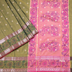Semi Kataan Olive Green Saree With Zari Buttas