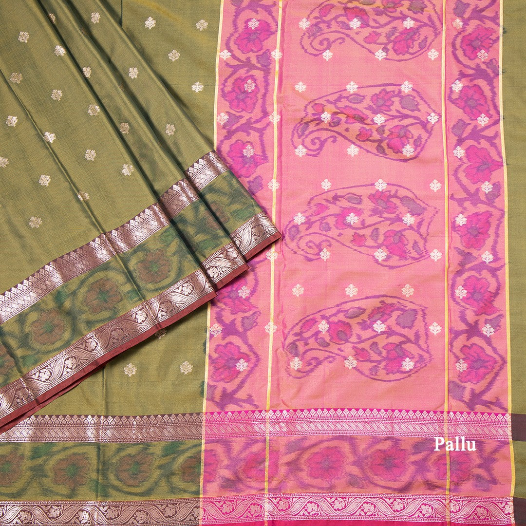 Semi Kataan Olive Green Saree With Zari Buttas