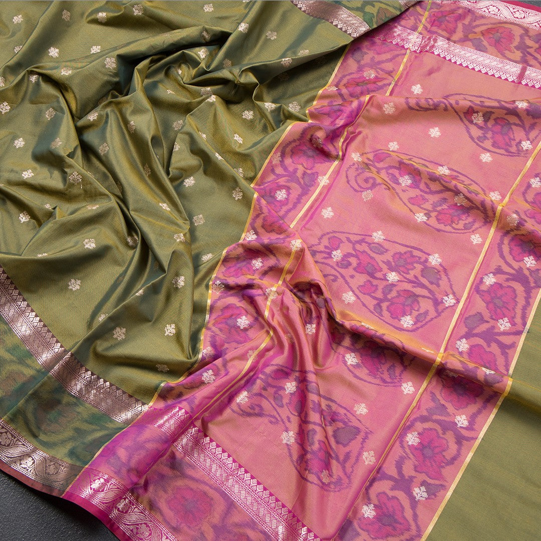 Semi Kataan Olive Green Saree With Zari Buttas - Kumaran Silks
