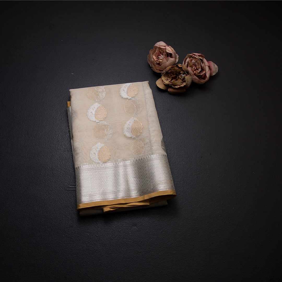 Organza Cream Floral Zari Worked Saree
