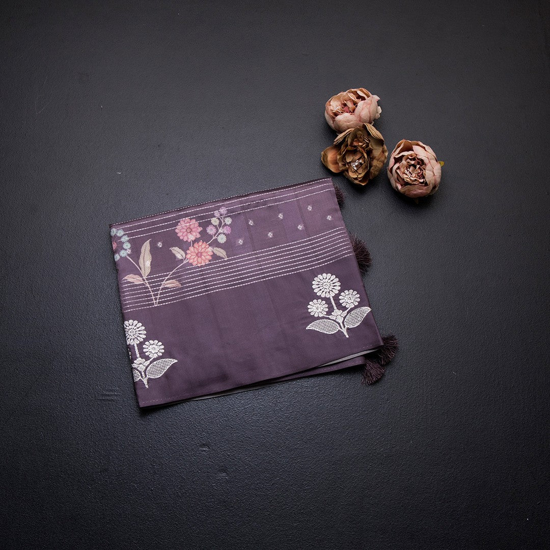Satin Silk Wine Colour Floral Printed With Thread Work Saree