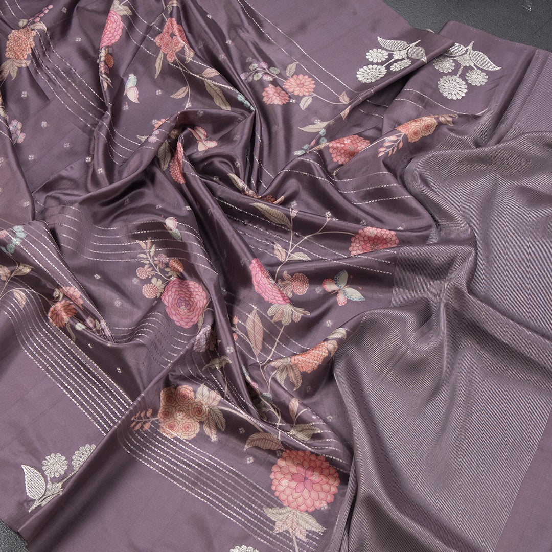 Satin Silk Wine Colour Floral Printed With Thread Work Saree