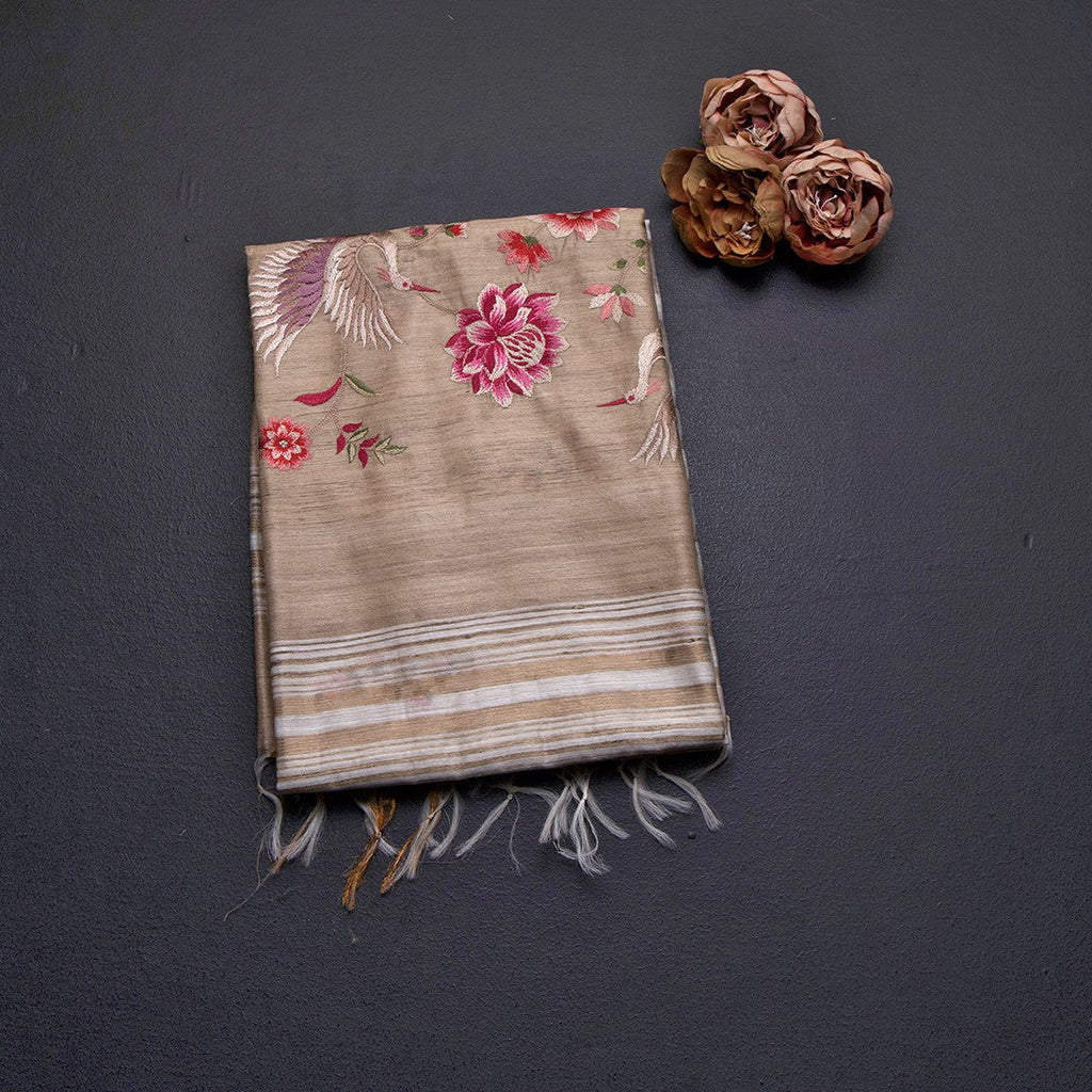 Raw Silk Cream Stripes With Thread Work Saree