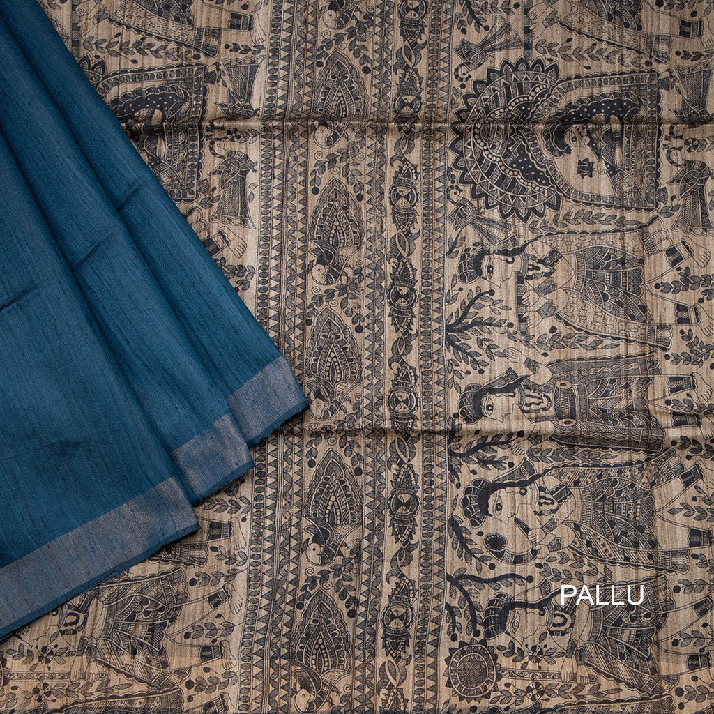Raw Silk Dark Peacock Blue Plain With Printed Work Saree