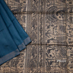 Raw Silk Dark Peacock Blue Plain With Printed Work Saree