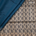 Raw Silk Dark Peacock Blue Plain With Printed Work Saree