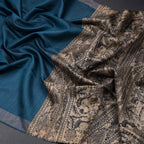 Raw Silk Dark Peacock Blue Plain With Printed Work Saree
