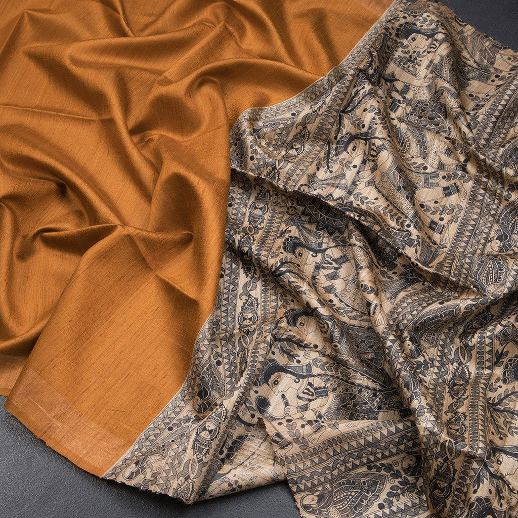 Raw Silk Mustard Plain With Printed Work Saree