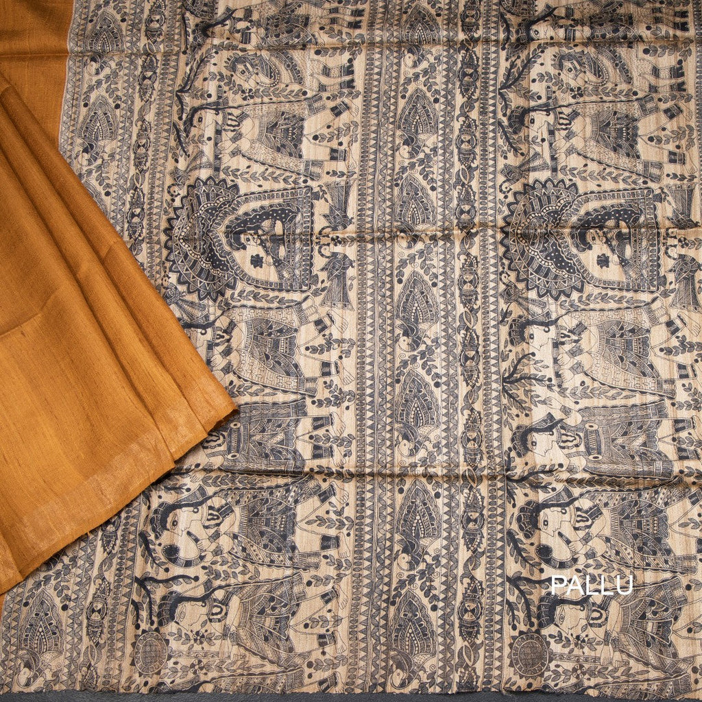 Raw Silk Mustard Plain With Printed Work Saree