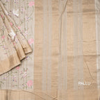 Raw Silk Cream Floral With Birds Thread Work Saree