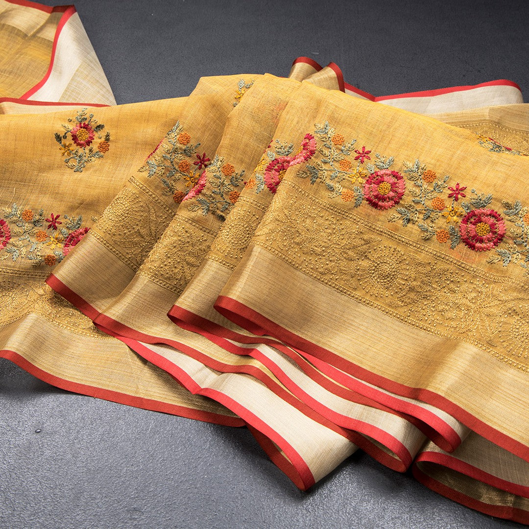 Linen Metallic Gold Floral Thread Work Saree